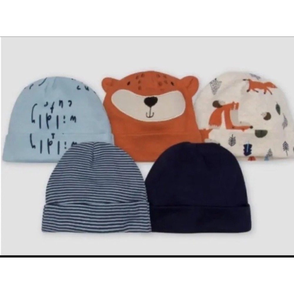 Gerber Baby INFANT BOY'S CAPS 5-Pack Size 0-6 Months 100% Cotton Five Designs